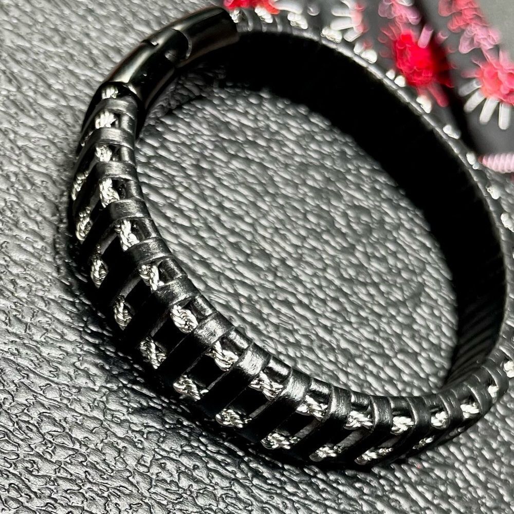Lmen’s Black Bracelet L Leather & Stainless Steel L Magnetic Closure L Gorgeous